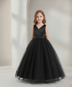 Vestido Infantil Julia Longo Preto em Cetim e Tule de Princesa Elegante Menina Festa Aniversário Formatura Premium Luxo