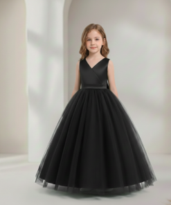 Vestido Infantil Julia Longo Preto em Cetim e Tule de Princesa Elegante Menina Festa Aniversário Formatura Premium Luxo Juvenil