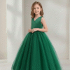 Vestido Infantil Julia Longo Verde em Cetim e Tule de Princesa Elegante Menina Festa Aniversário Formatura Premium Luxo