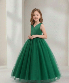 Vestido Infantil Julia Longo Verde em Cetim e Tule de Princesa Elegante Menina Festa Aniversário Formatura Premium Luxo