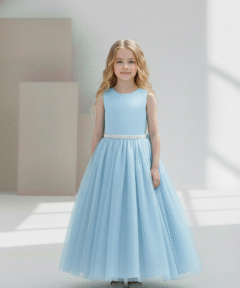 Vestido Infantil Louise Longo Azul Bebê em Tule Elegante Festa Daminha Menina Premium Luxo