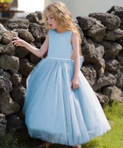 Vestido Infantil Louise Longo Azul Bebê em Tule Elegante Festa Daminha Menina Premium Luxo