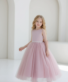 Vestido Infantil Louise Longo Rosé em Tule Elegante Festa Daminha Menina Premium Luxo