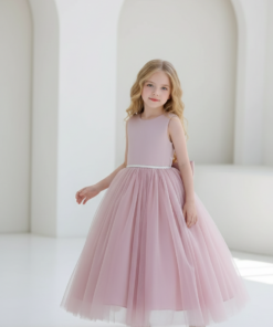 Vestido Infantil Louise Longo Rosé em Tule Elegante Festa Daminha Menina Premium Luxo