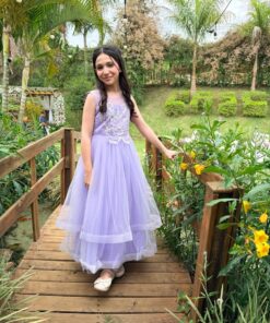 Vestido Infantil Gioia Lilás Longo em Tule Elegante de Princesa Menina Festa Aniversário Formatura Premium Luxo
