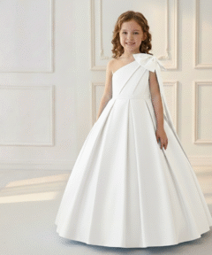 Vestido Infantil Marjorie Longo Branco em Cetim com Laço Ombro Festa Daminha Menina Premium Luxo