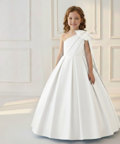 Vestido Infantil Marjorie Longo Branco em Cetim com Laço Ombro Festa Daminha Menina Premium Luxo