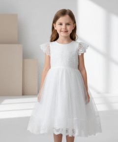 Vestido Infantil Ágata Branco em Tule Bordado Elegante Menina Primavera Verão Festa Daminha Batizado Premium Luxo