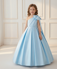 Vestido Infantil Marjorie Longo Azul Bebê em Cetim com Laço Ombro Festa Daminha Menina Premium Luxo