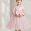 Vestido Infantil Zoe Rosa em Tule com Aplicação de Laço e Pérolas com Bolero em Cetim Elegante Infantil Menina Festa Daminha Premium Luxo