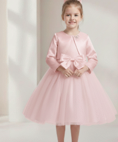 Vestido Infantil Zoe Rosa em Tule com Aplicação de Laço e Pérolas com Bolero em Cetim Elegante Infantil Menina Festa Daminha Premium Luxo