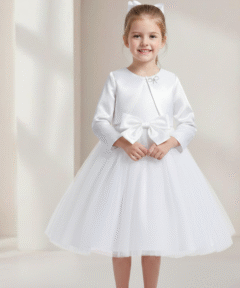 Vestido Infantil Zoe Branco em Tule com Aplicação de Laço e Pérolas com Bolero em Cetim Elegante Infantil Menina Festa Daminha Premium Luxo