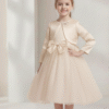 Vestido Infantil Zoe Champanhe em Tule com Aplicação de Laço e Pérolas com Bolero em Cetim Elegante Infantil Menina Festa Daminha Premium Luxo