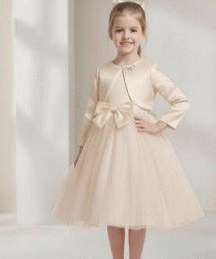 Vestido Infantil Zoe Champanhe em Tule com Aplicação de Laço e Pérolas com Bolero em Cetim Elegante Infantil Menina Festa Daminha Premium Luxo