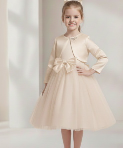 Vestido Infantil Zoe Champanhe em Tule com Aplicação de Laço e Pérolas com Bolero em Cetim Elegante Infantil Menina Festa Daminha Premium Luxo