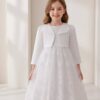 Vestido Infantil Jasmin Branco em Tule com Aplicação de Flores e Bolero em Cetim e Pérolas Elegante Infantil Menina Festa Daminha Premium Luxo
