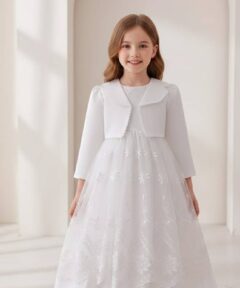 Vestido Infantil Jasmin Branco em Tule com Aplicação de Flores e Bolero em Cetim e Pérolas Elegante Infantil Menina Festa Daminha Premium Luxo