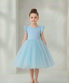 Vestido Infantil Melissa Azul Bebê em Cetim e Tule com Costas em V e Laço Elegante Festa Daminha Menina Premium Luxo