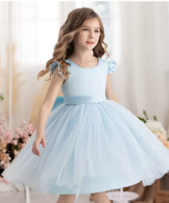 Alternative view of Vestido Infantil Melissa Azul Bebê em Cetim e Tule com Costas em V e Laço Elegante Festa Daminha Menina Premium Luxo
