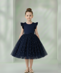 Vestido Infantil Melissa Azul Marinho em Cetim e Tule com Costas em V e Laço Elegante Festa Daminha Menina Premium Luxo