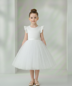 Vestido Infantil Melissa Branco em Cetim e Tule com Costas em V e Laço Elegante Batizado Festa Daminha Menina Premium Luxo