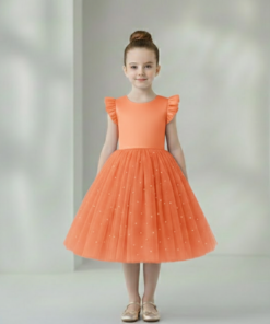 Vestido Infantil Melissa Laranja Coral em Cetim e Tule com Costas em V e Laço Elegante Festa Daminha Menina Premium Luxo