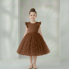 Vestido Infantil Melissa Marrom em Cetim e Tule com Costas em V e Laço Elegante Festa Daminha Menina Premium Luxo