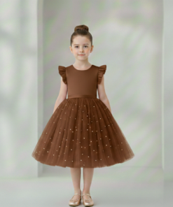 Vestido Infantil Melissa Marrom em Cetim e Tule com Costas em V e Laço Elegante Festa Daminha Menina Premium Luxo