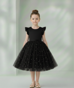 Vestido Infantil Melissa Preto em Cetim e Tule com Costas em V e Laço Elegante Festa Daminha Menina Premium Luxo