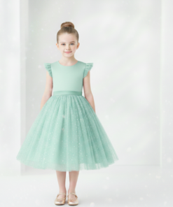 Vestido Infantil Melissa Verde Menta em Cetim e Tule com Costas em V e Laço Elegante Festa Daminha Menina Premium Luxo