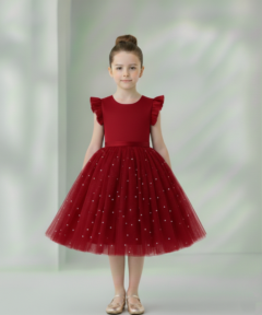 Vestido Infantil Melissa Vermelho em Cetim e Tule com Costas em V e Laço Elegante Festa Daminha Menina Premium Luxo