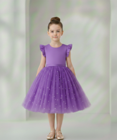 Vestido Infantil Melissa Roxo em Cetim e Tule com Costas em V e Laço Elegante Festa Daminha Menina Premium Luxo