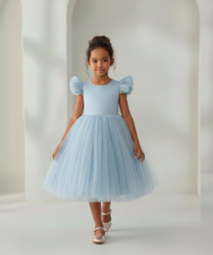Vestido Infantil Naomi Azul Bebê em Cetim e Tule Costas com Coração e Laço Elegante Festa Daminha Menina Premium Luxo