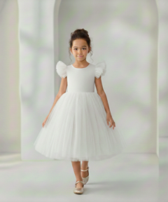Vestido Infantil Naomi Branco em Cetim e Tule Costas com Coração e Laço Elegante Festa Daminha Menina Batizado Premium Luxo