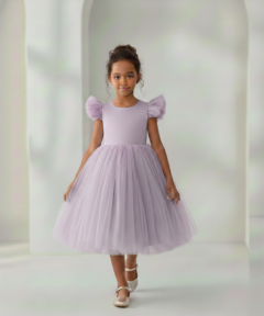Vestido Infantil Naomi Lilás em Cetim e Tule Costas com Coração e Laço Elegante Festa Daminha Menina Premium Luxo