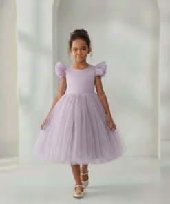 Vestido Infantil Naomi Lilás em Cetim e Tule Costas com Coração e Laço Elegante Festa Daminha Menina Premium Luxo