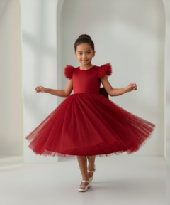 Vestido Infantil Naomi Vermelho em Cetim e Tule Costas com Coração e Laço Elegante Festa Daminha Menina Premium Luxo