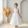 Vestido Infantil Liora Branco Longo em Tule Bordado e Laço Elegante Infantil Menina Festa Daminha Batizado Premium Luxo