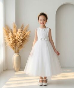 Vestido Infantil Liora Branco Longo em Tule Bordado e Laço Elegante Infantil Menina Festa Daminha Batizado Premium Luxo