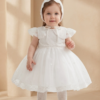 Vestido Batizado Infantil Donatela Branco com Gola Marinheiro e Touca em Tule Menina bebê Daminha Casamento Premium Luxo