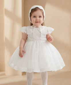 Vestido Batizado Infantil Donatela Branco com Gola Marinheiro e Touca em Tule Menina bebê Daminha Casamento Premium Luxo