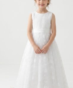 Vestido Infantil de Batizado Joana Branco Longo em Tule com Bordado de Flores Elegante Menina 1ª Comunhão Festa Daminha Premium Luxo