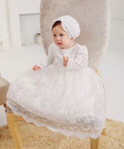Mandrião Infantil Amora Menina Branco em Tule Bordado Manga Longa e Touca Daminha Casamento Premium Luxo Batizado