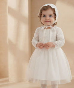 Vestido Emma Manga Longa em Tule Bordado e Touca Branco