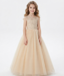Vestido Longo Sara em Tule e Renda Caqui Bege